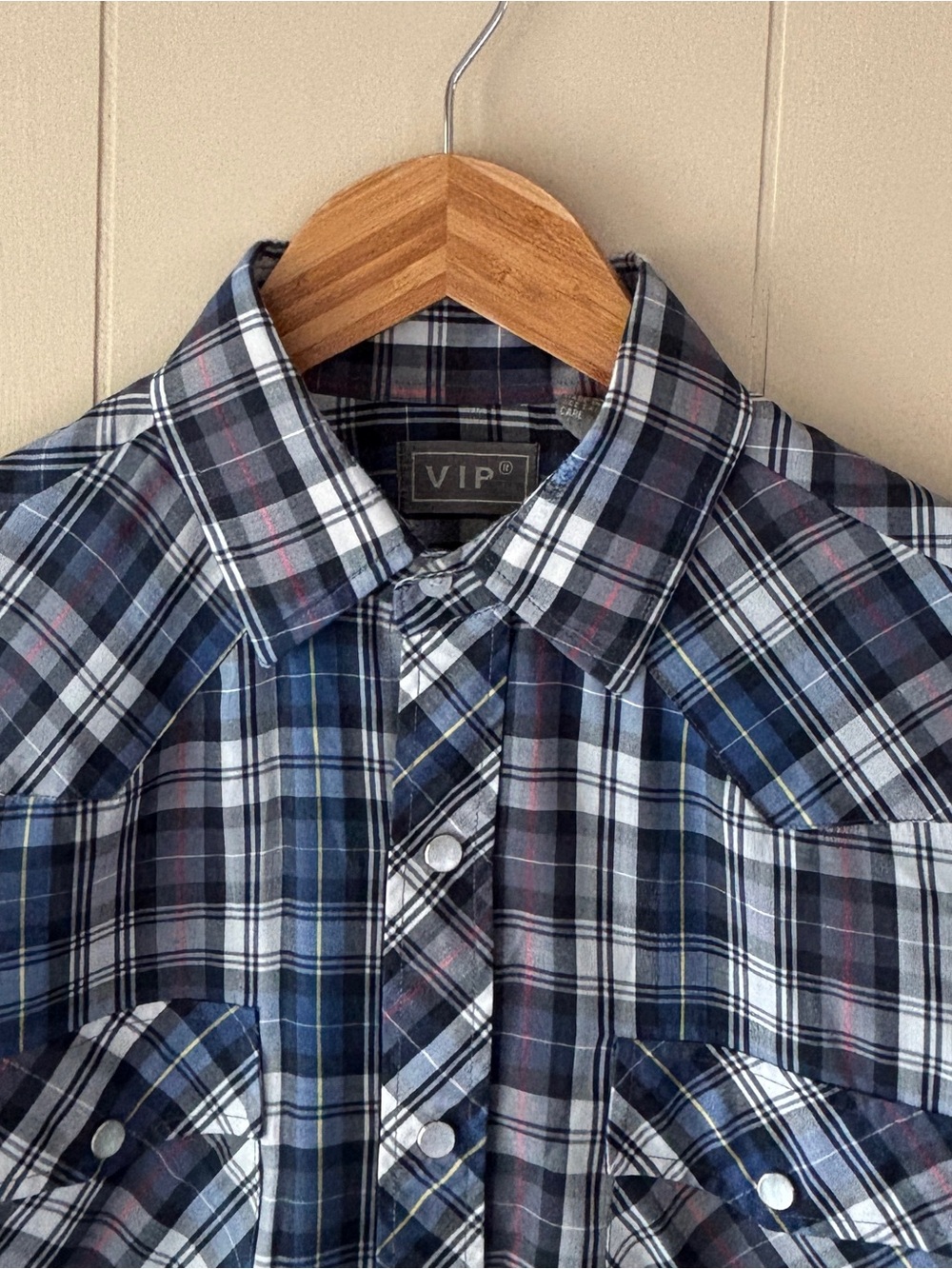 VIP Men's Navy and White Plaid Western Style Shirt with Pearl Snaps